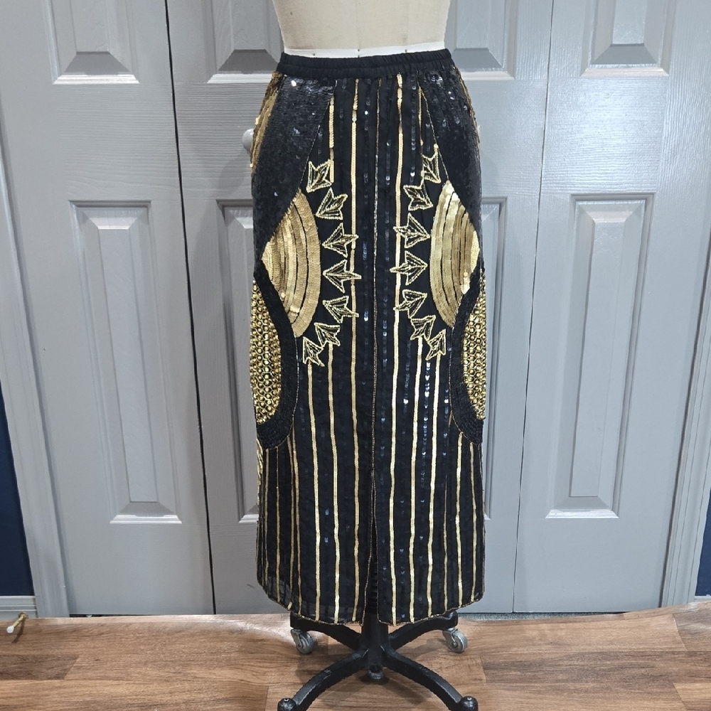 VINTAGE HAND MADE ELEGANT BLACK & GOLD SEQUIN ART DECO SKIRT SIZE LARGE